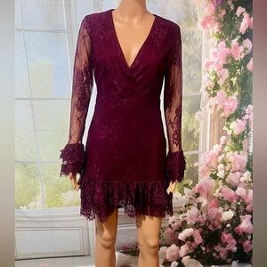 Lulu's Deep Burgundy Lace Long Sleeve Dress